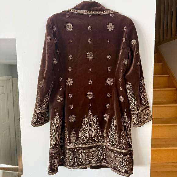 Late 90”s Vintage Peter Nygard Penny Lane Chocolate Velvet Feel Embroidered Coat - Picture 5 of 7